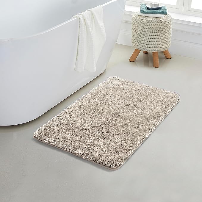 YHF Bathroom Rugs 20" X 32", Extra Thick & Soft Microfiber Shaggy, Machine Washable Bath Mats, Absorbent Bath Rugs, Non-Slip Rubber Backing Bath Mat for Bathroom Floor, Tub and Shower, Beige