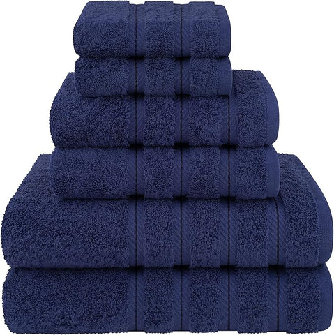 American Soft Linen Luxury 6 Piece Towel Set, 2 Bath Towels 2 Hand Towel 2 Washcloths, 600 GSM 100% Cotton Turkish Towels for Bathroom, Navy Blue Towel Sets