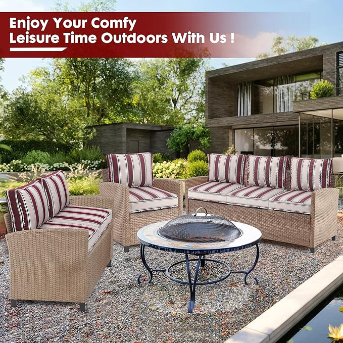 Outdoor Deep Seating Cushion Set, 24" x 24", Waterproof & Fade Resistant Patio Furniture Cushions with Handle, Deep Seat and Back Cushion for Chair and Sofa (3, Red Stripe)