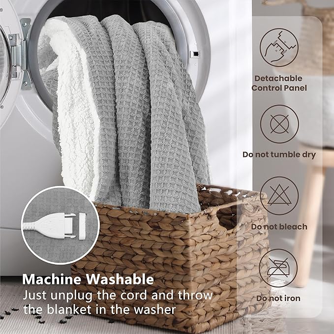 Heated Blanket Electric Blanket Queen Waffle,84x90 Inches Sherpa Fleece Fast Heating Blanket 6 Heating Levels & 10 Hours Auto Off ETL Certification,Light Grey Queen