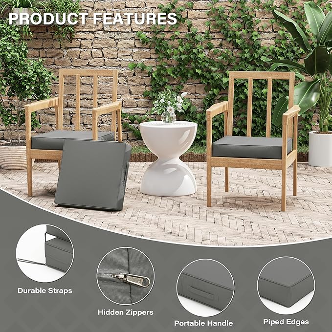 Patio Chair Cushions 17 X 16 X 3 Inch Waterproof Outdoor Seat Cushions for Patio Furniture, Outdoor Sofa Couch Pads with Ties & Handle, Set of 2, Light Grey