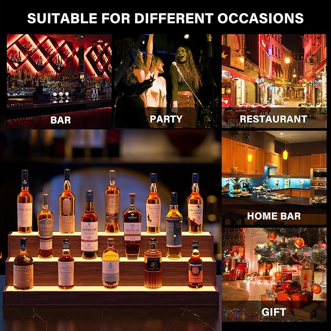 LED 38 Inch Bar Display Shelf, Wine Rack Bottle Shelf with App & Remote Control, 3 Step Freestanding Holding Bottles for Home Bar, Party, Walnut