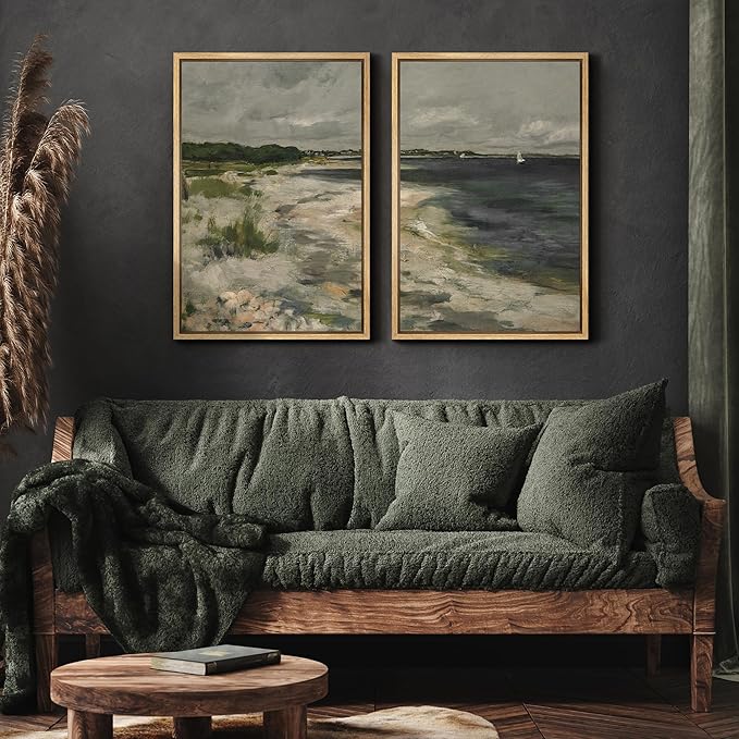 MUDECOR Framed Canvas Print Wall Art Coastal Shoreline with Lush Dunes Serene Beach Landscape Nature Wilderness Illustrations Realism Decorative for Living Room, Bedroom, Office - 16"x24"x2 Natural
