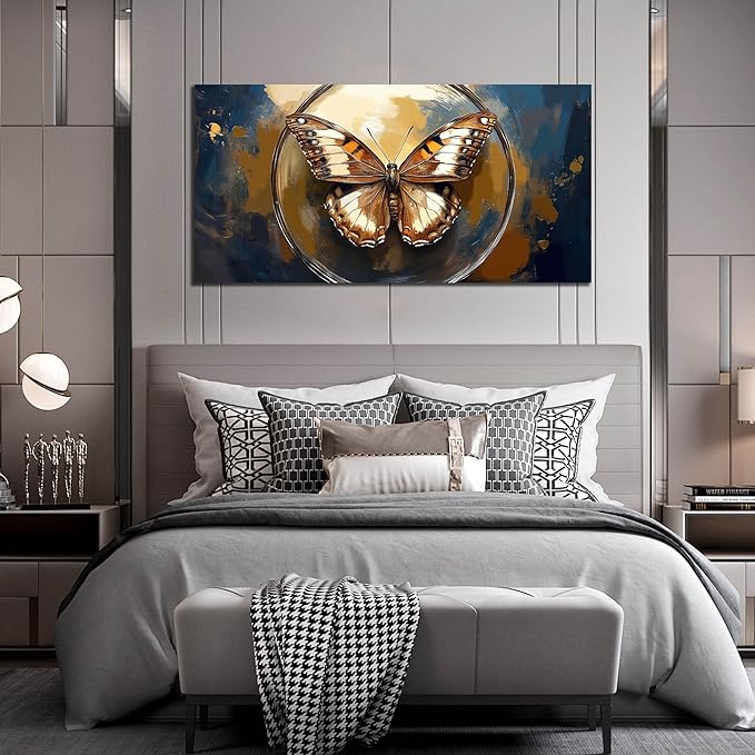 Butterfly Wall Art Bedroom - Vintage Wall Decor for Bedroom Girls Room - Black and Gold Wall Art for Living Room Size 29" x 59"