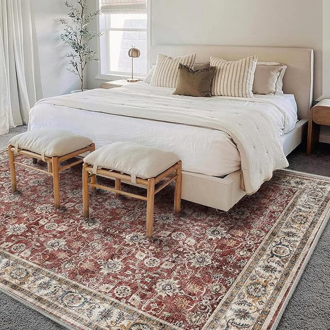 Washable Area Rug 4'x6' Traditional Floor Cover Foldable Thin Rugs Retro Kitchen Indoor Distressed Non Slip Carpet Floral Print Mat Bedroom Living Room