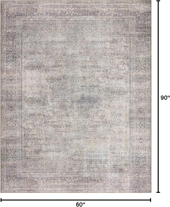 Loloi Wynter Collection WYN-03 Silver/Charcoal 5'-0" x 7'-6" Area Rug, .13" Thick, Area Rug, Soft, Durable, Printed, Vintage Inspired, Low Pile, Non-Shedding, Easy Clean, Living Room Rug