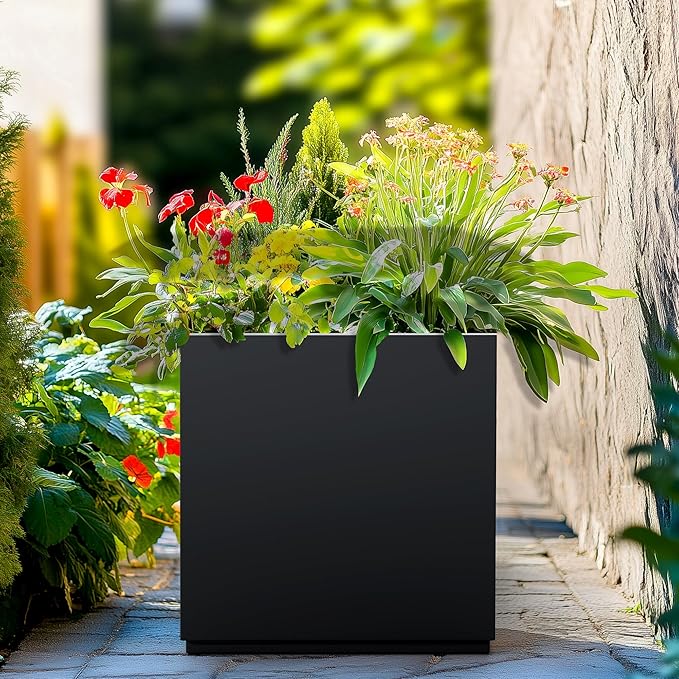 Large Square Planter Metal Black Planter Box with a Drainage Hole and a Removable Divider Indoor Outdoor Porch Pots for Tall Plants, Trees, Flowers 17.01" x 17.01" x 17.99" Black