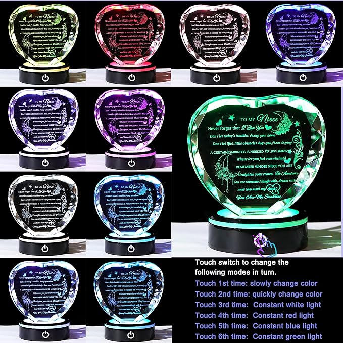 YWHL Niece Gifts from Auntie Uncle Heart Crystal Inspirational Graduation Gift for Niece with Colorful LED Base Unique Niece Gifts from Aunt on Birthday Christmas Valentine Day