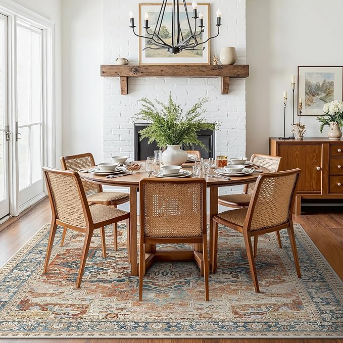 GENIMO 8X10 Area Rugs for Living Room, Machine Washable Vintage Floor Cover Foldable Modern Non Slip Rug, Low Pile Soft Indoor Carpet Floral Print Mat Rug,Bedroom/Dining Room/Home Office,Terracotta