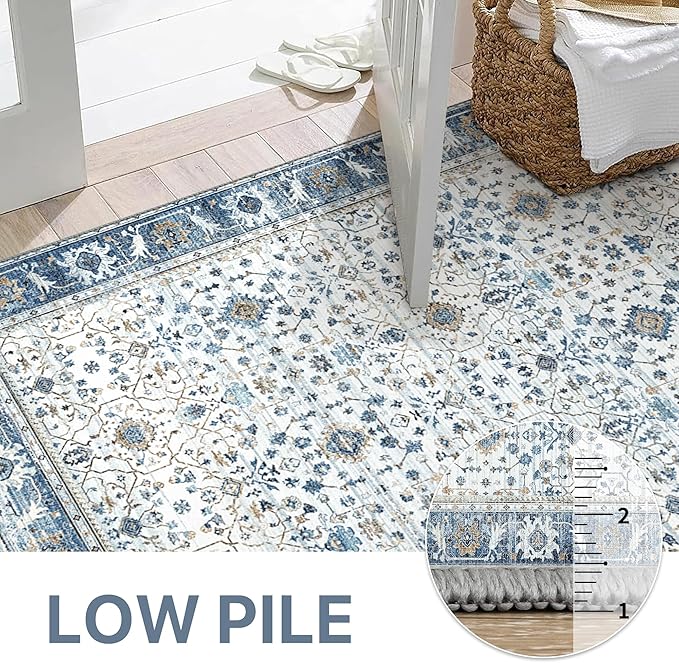 GENIMO Washable Area Rugs for Living Room Bedroom, 8x10 Boho Vintage Non Slip Rug, Low Pile Soft Floral Indoor Floor Carpet Cover for Dining Room Kitchen, Retro Light Blue