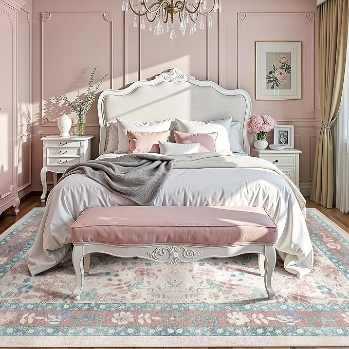 Pink Floral Area Rug 6x9 for Living Room Deerly Boho Vintage Large Washable Non-Slip Bedroom Carpet Low Pile Thin Floor Mat Indoor for Playroom Nursery Kids Girls Room Farmhouse, Light Pink/Blue/Multi