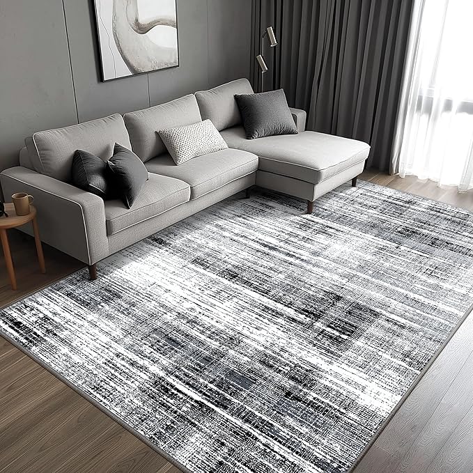 GENIMO 8x10 Washable Area Rug – Modern Abstract Non-Slip Low Pile Contemporary Indoor Floor Carpet for Living Room, Bedroom, Dining Room, Kitchen, Office, Black