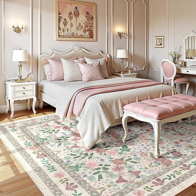Deerly Large Floral Washable Area Rugs 9x12 for Living Room Vintage Boho Non-Slip Bedroom Carpet Soft Low Pile Thin Floor Mat Indoor for Dining Room Nursery Farmhouse, Beige/Light Pink/Multi