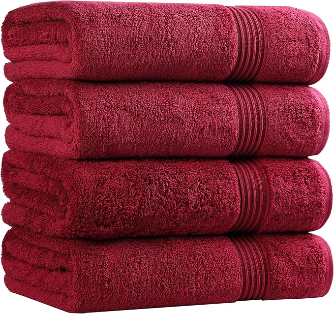 Superior Egyptian Cotton 4-Piece Bath Towel Set for Shower, Bath, Spa, Resort, Hotel, Soft Body Towels, Airbnb Essentials, Apartment, Dorm, Quick Dry, Absorbent, Bathroom Basics, Burgundy