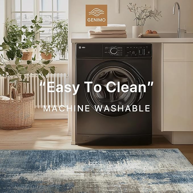 GENIMO Washable Area Rugs for Living Room Bedroom, 9x12 Modern Abstract Non Slip Rug, Low Pile Soft Contemporary Indoor Floor Carpet Cover for Dinning Room Kitchen, Slate Blue