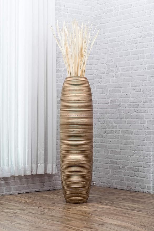 LEEWADEE Large Floor Vase – Handmade Flower Holder Made of Wood, Sophisticated Vessel for Decorative Branches and Dried Flowers, 43 inches, Golden