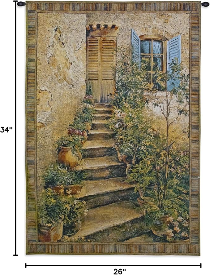 Tuscan Villa II by Roger Duvall | Woven Tapestry Wall Art Hanging | Rustic Italian Village Steps | 100% Cotton USA Size 34x26