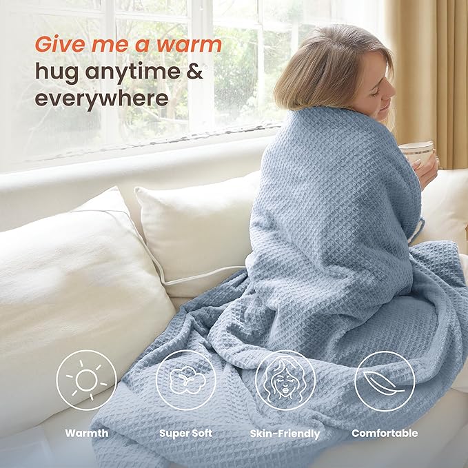 Heated Blanket Electric Throw Waffle, 50x60 Inches Sherpa Fleece Fast Heating Blanket 6 Heating Levels & 4 Hours Auto Off ETL Certification,Haze Blue Throw
