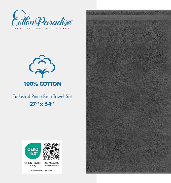 Cotton Paradise 4 Piece Turkish Bath Towels for Bathroom, Extra Large Soft Plush Towels Bathroom Set, Dark Gray