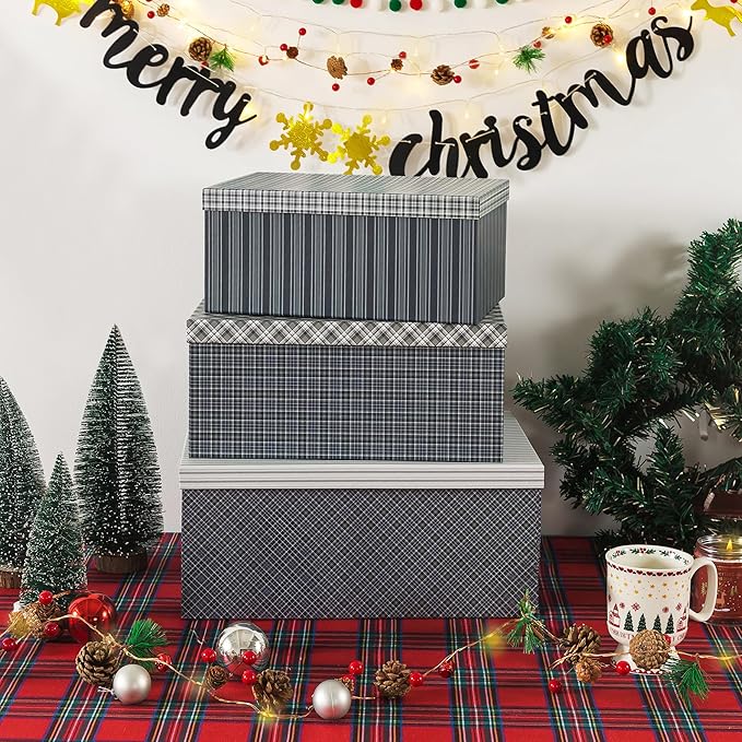 Soul & Lane Classic Plaid Christmas Blue Gift Boxes - Set of 3 - Holiday Decor Checkered Cardboard Storage Box, Decorative Keepsake Boxes with Lids for Presents, Clothing, Decoration