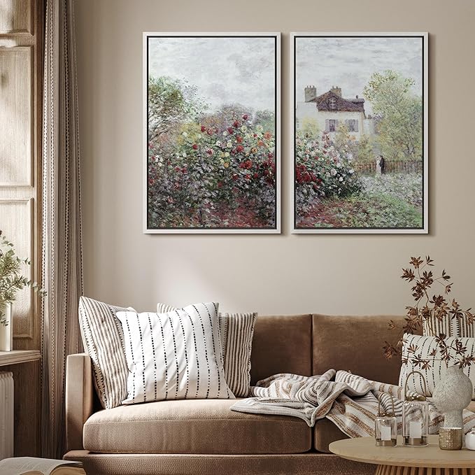MUDECOR Framed Canvas Print Wall Art Blooming Garden and Cottage Romantic Floral Landscape Nature Wilderness Illustrations Realism Decorative Scenic for Living Room, Bedroom, Office - 16"x24"x2 White