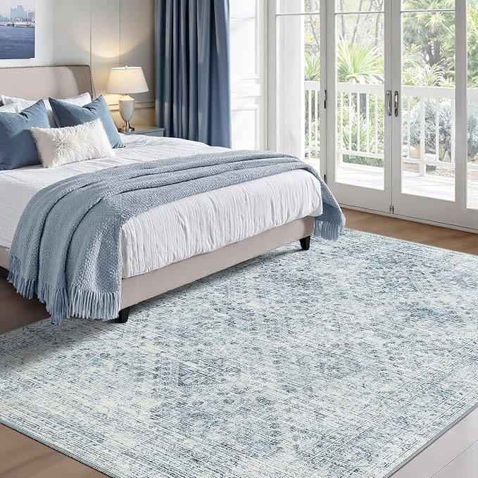 MIULEE 6x9 Vintage Living Room Rug Washable Area Rugs Low Pile Floor Mat for Bedroom Dining Room Non-Slip Stain Resistant Soft Indoor Carpet for Home Decor, Blue