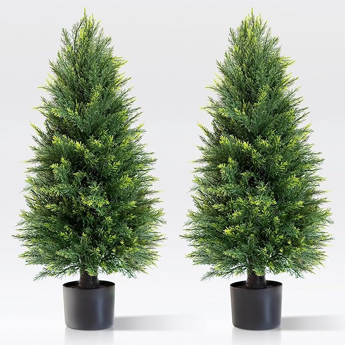 Set of 2 Artificial Cedar Topiary Trees, 3 FT Tall | UV-Resistant for Outdoor & Indoor Use | Lifelike Fake Plants for Front Porch, Patio & Office Decor