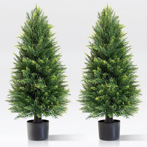 Set of 2 Artificial Cedar Topiary Trees, 3 FT Tall | UV-Resistant for Outdoor & Indoor Use | Lifelike Fake Plants for Front Porch, Patio & Office Decor