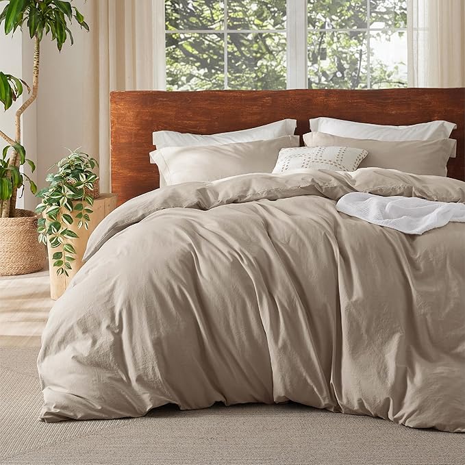 Bedsure 100% Washed Cotton Duvet Cover Twin - Khaki Minimalist Duvet Cover Linen Like for All Seasons - GentleSoft™ Plain Simple Cotton Bedding, 2 Pieces (Khaki, Twin, 68"x90")