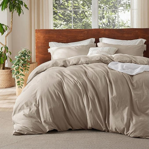 Bedsure 100% Washed Cotton Duvet Cover Twin - Khaki Minimalist Duvet Cover Linen Like for All Seasons - GentleSoft™ Plain Simple Cotton Bedding, 2 Pieces (Khaki, Twin, 68"x90")