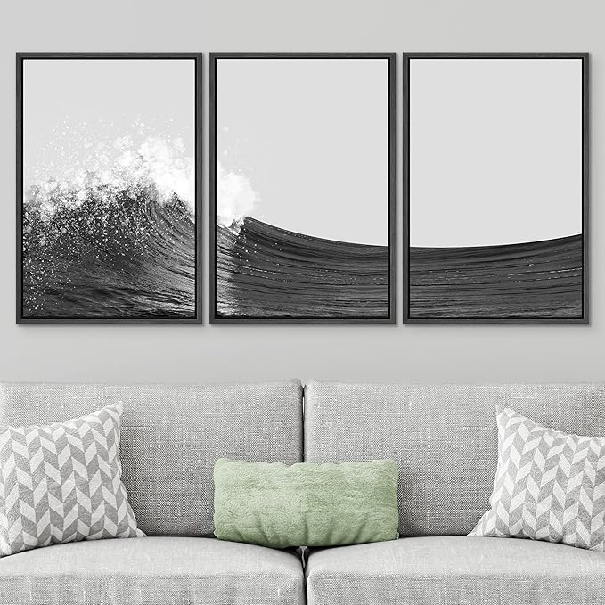 SIGNWIN 3 Piece Framed Canvas Wall Art Black and White Ocean Waves Nature Wilderness Illustrations Abstract Traditional Relax/Calm Home Artwork Decoration for Living Room,Bedroom - 24"x36"x3 Black