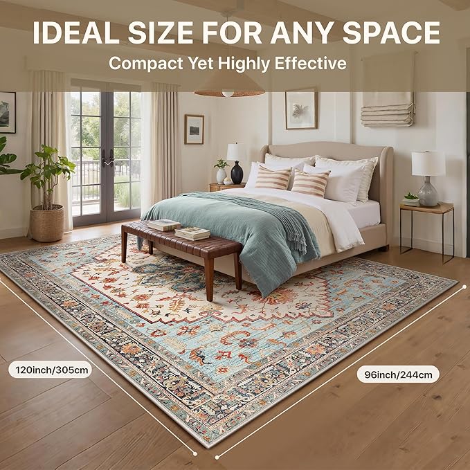 GENIMO 8X10 Area Rugs for Living Room, Machine Washable Vintage Floor Cover Foldable Modern Non Slip Rug, Low Pile Soft Indoor Carpet Floral Print Mat Rug,Bedroom/Dining Room/Home Office,Sky Blue