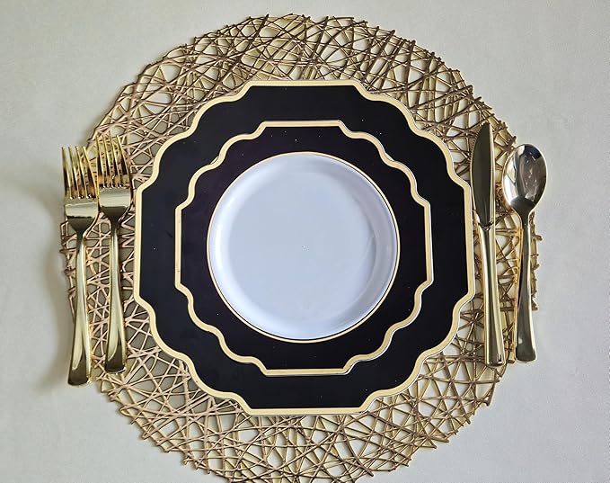 " OCCASIONS " 120 Plates Pack,(60 Guests) Heavyweight Premium Wedding Party Disposable Plastic Plates Set -60 x 10.5'' Dinner + 60 x 8'' Salad/Dessert (Imperial in Black & Gold)