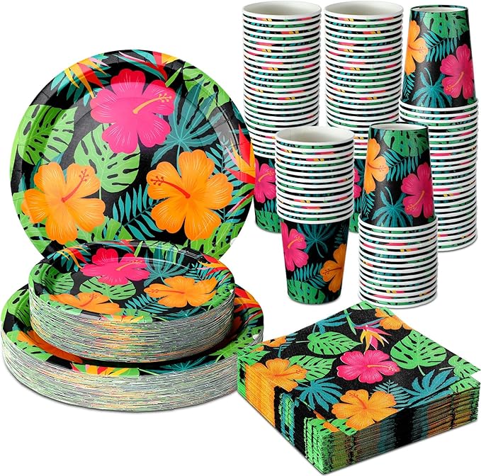 200 Pcs Tropical Nights Hawaiian Aloha Party Supplies Serve 50 Guests Luau Paper Plates Cups Napkins for Summer Beach Tableware Pool Party