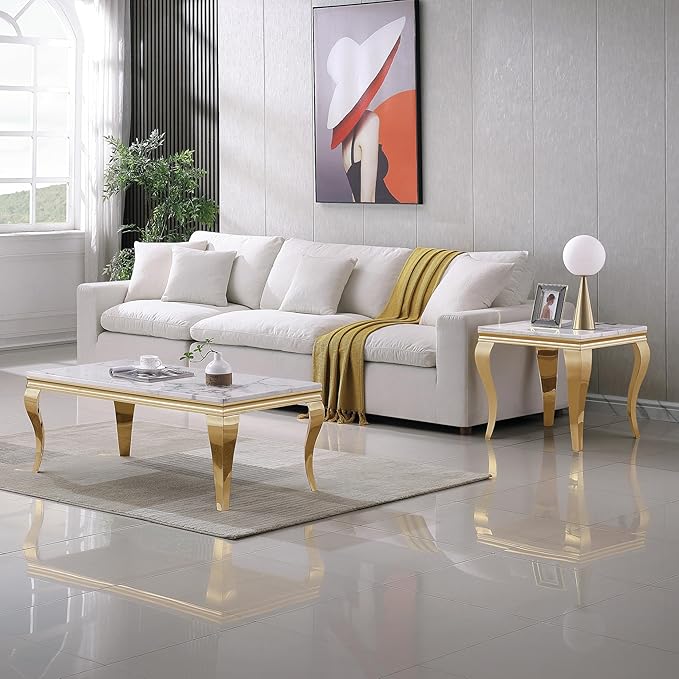 SSLine Modern White Faux Marble End Table Luxury Square Sofa Side Table with Gold Curved Legs Mid-Century Elegant Bedside Table w/Mirrored Stainless Steel Frame for Living Room Bedroom