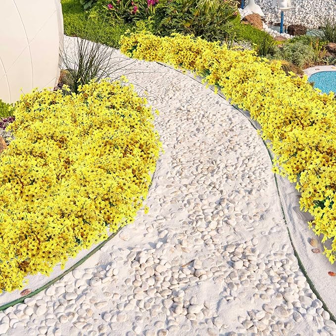 Zeyune 56 Bundles Artificial Flowers Fake UV Resistant for Outdoor Plastic Greenery Shrubs Plants No Fade Faux Flower for Garden Porch Patio Window Wedding Party Decor (Yellow,Bright)