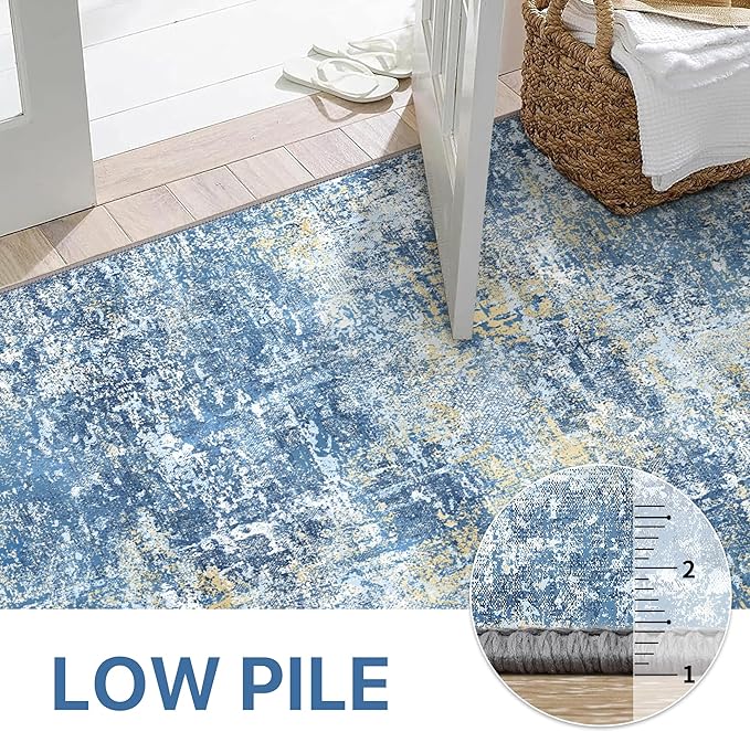 GENIMO Washable Area Rugs for Living Room Bedroom, 8X10 Modern Abstract Non Slip Rug, Low Pile Soft Contemporary Indoor Floor Carpet Cover for Dinning Room Kitchen, Denim Blue