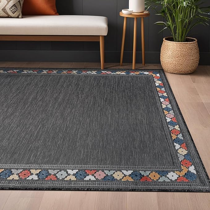 Beverly Rug Outdoor Rug 10x14 Modern Bordered Large Area Rugs for Indoor and Outdoor Patio Easy to Clean Non Shedding Living Room Porch Garden Washable Outside Carpet (10 x 14 Dark Gray)