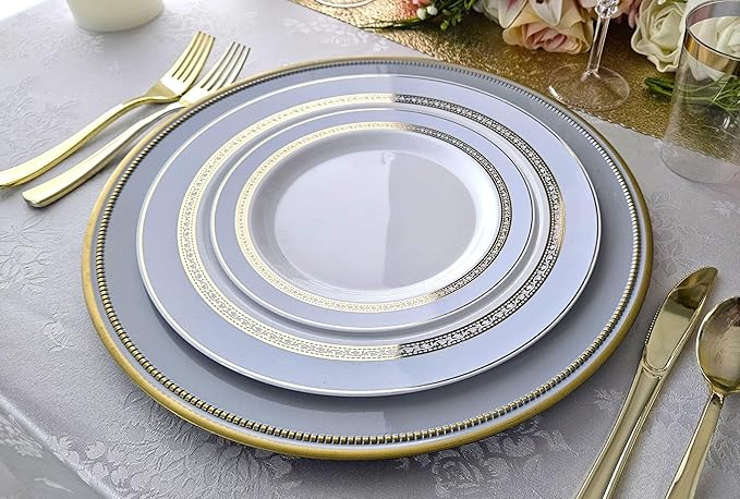 " OCCASIONS " 50 Plates Pack (25 Guests)-Heavyweight Wedding Party Disposable Plastic Plate Set -25 x 10.5'' Dinner + 25 x 7.5'' Salad/dessert plates (Ritz Blue and Gold)