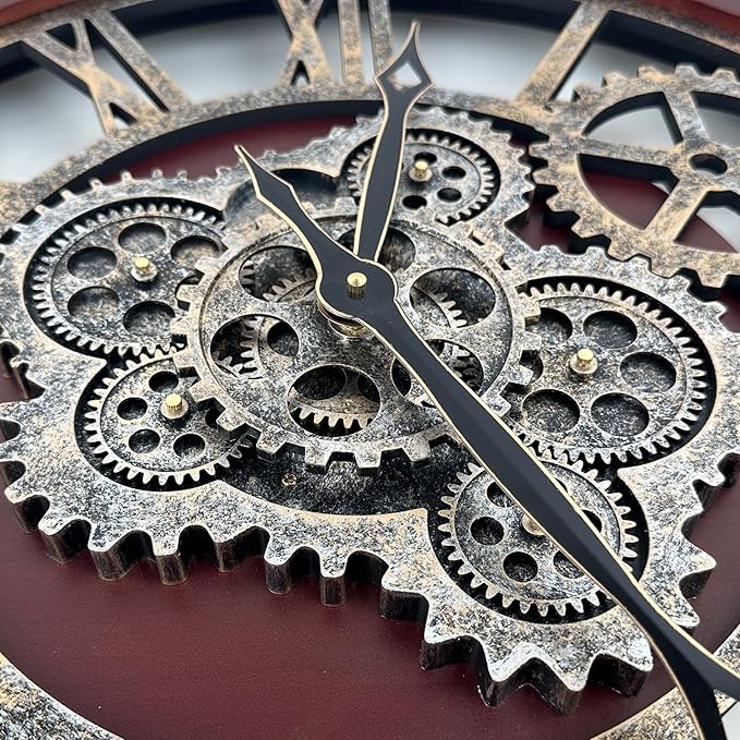 HOIBAI 18 Inch Big Moving Gears Farmhouse Vintage Rustic Roman Oversized Wall Clock for Home Bedroom Kitchen Decor