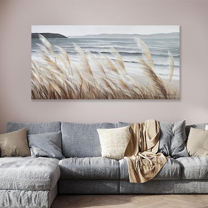 Plant Wall Art Nature Wall Art Reed Seascape Canvas Painting Wall Decor Framed Artwork for Bedroom Living Room Decoration Home Kitchen Office 20"x40"