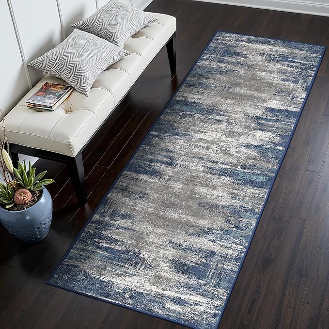 GENIMO Runners for Hallways，2x6 Washable Runner Rug Non-Slip, Long Runner Rugs with Rubber Backing, Low Pile Lightweight Rugs for Kitchen, Bedroom, Bathroom, Entryway, Blue/Ivory