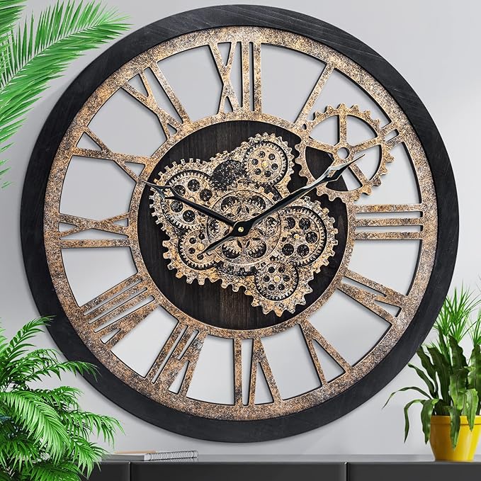 HOIBAI Wall Clock for Living Room Decor, Large, 24 in (60cm), Moving Gear, Farmhouse Vintage Industrial Oversized Wall Clock