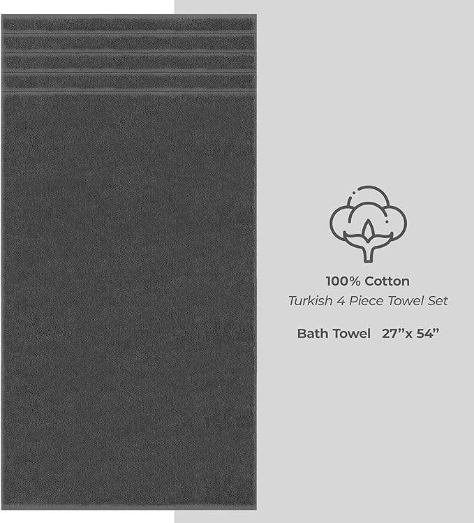 American Soft Linen Luxury 4 Piece Bath Towel Set, 600 GSM 100% Cotton Turkish Bath Towels for Bathroom, 27x54 in Large Bathroom Shower Towels, Dark Gray