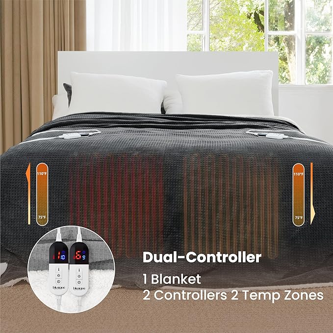 Heated Blanket Electric Blanket Queen Waffle, 84x90 Inches Dual Controllers Sherpa Fleece Fast Heating Blanket 6 Heating Levels & 10 Hours Auto Off ETL Certification,Charcoal Grey Queen