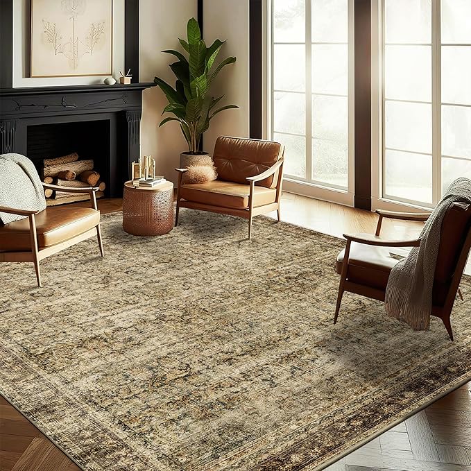Area Rug 8x10 Washable Rug Brown Vintage Traditional Mat Distressed Indoor Foldable Thin Retro Accent Floral Non Slip Carpet Living Room Dining Room Office