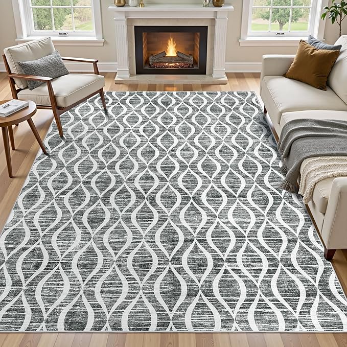 WITSHOCK 7x9 Dark Grey Living Room Rug - Washable Boho Soft Modern Geometric Low Pile Print Pattern Large Thin Indoor Rug for Bedroom Dining Room, Carpet for Nursery Playroom Decor, Eco-Friendly