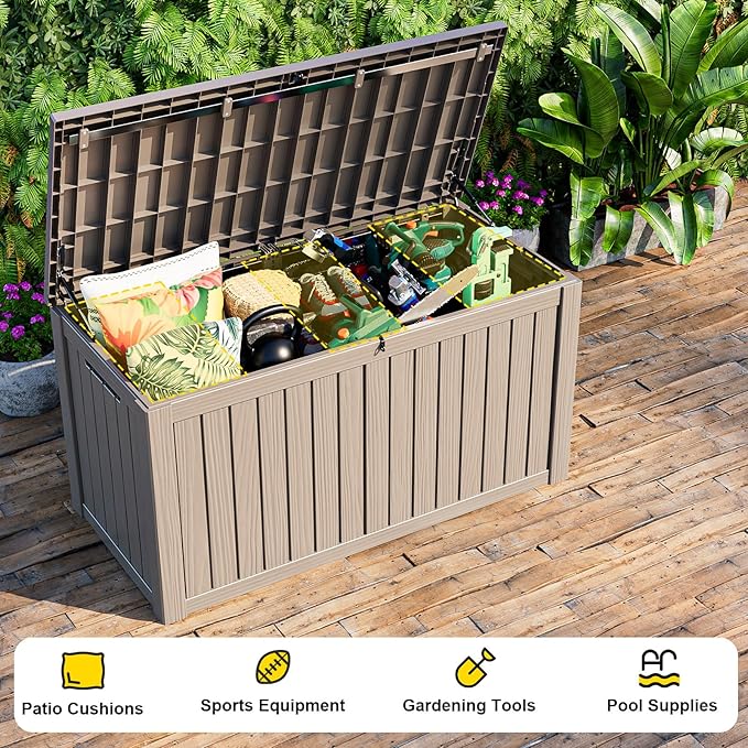 Gallon Large Deck Box,Resin Outdoor Storage Box with Lockable for Patio Furniture, Pool Accessories, Garden Tools Waterproof Outside Storage Box, Grey