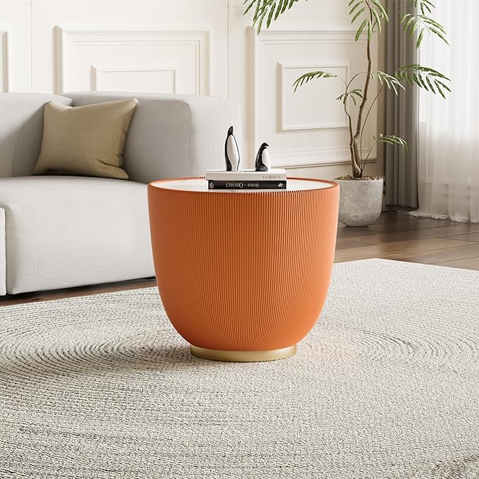 19.7" Round End Table Luxury Cup Shape Leather Sofa Beside Tables, Circle Sofa Couch Table PU Leather, Modern White Marble Top Drum Bowl Living Room Tables for Living Room Bedroom Apartment