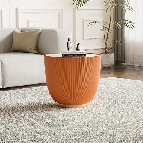 19.7" Round End Table Luxury Cup Shape Leather Sofa Beside Tables, Circle Sofa Couch Table PU Leather, Modern White Marble Top Drum Bowl Living Room Tables for Living Room Bedroom Apartment